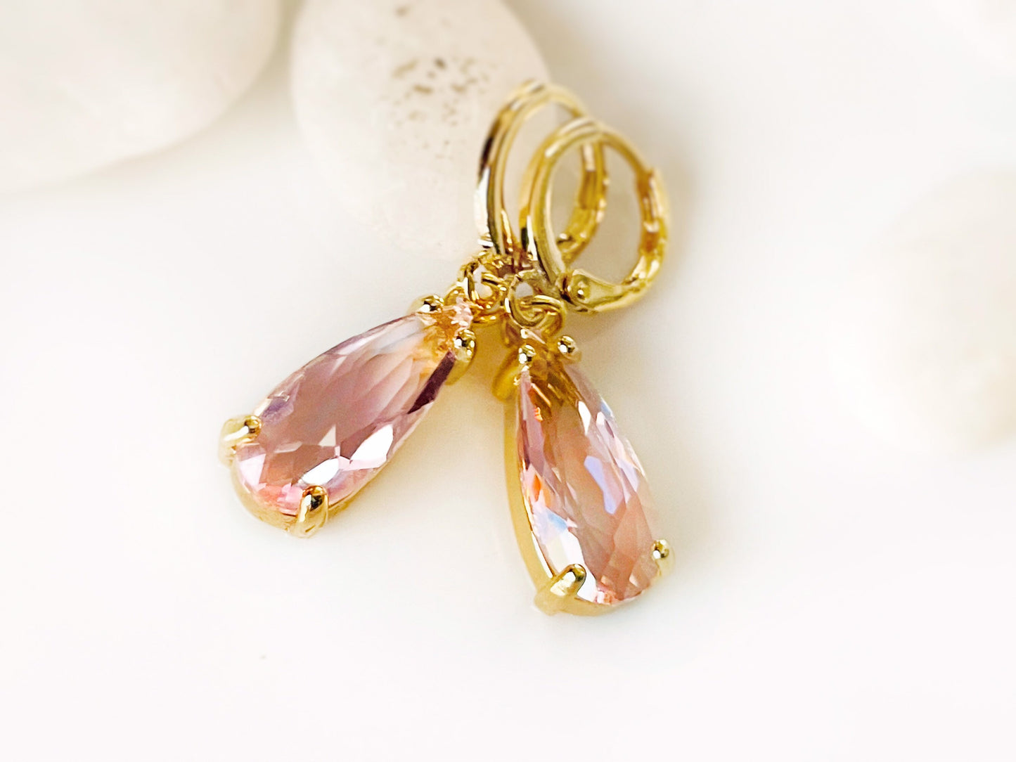 Teardrop pink sapphire huggie dangle earrings gold, elongated pink gemstone teardrops, gift for her, October birthstone earrings