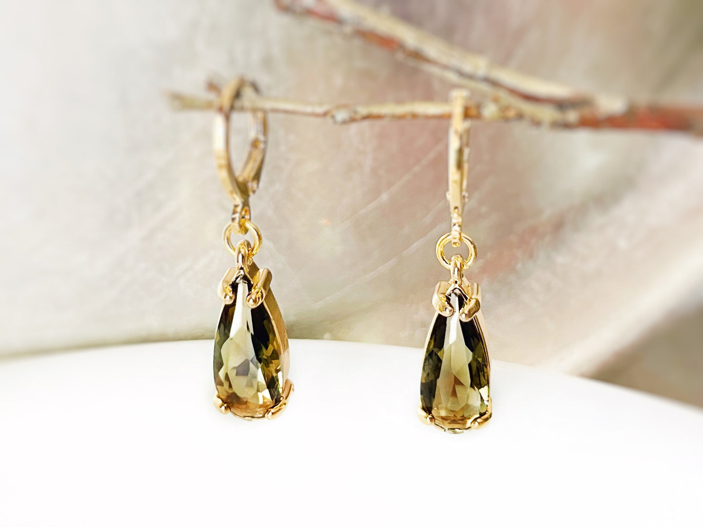 Teardrop peridot gemstone dangle earrings gold, elongated olive green gemstone gold, gift for her, august birthstone earrings