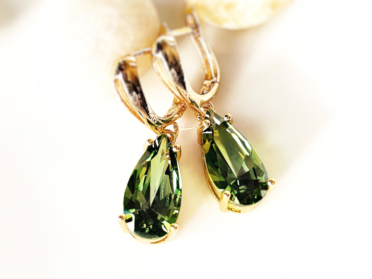 Peridot teardrop dangle earrings, olive green gemstone earrings, gift for her, gift for mom, August birthday gift