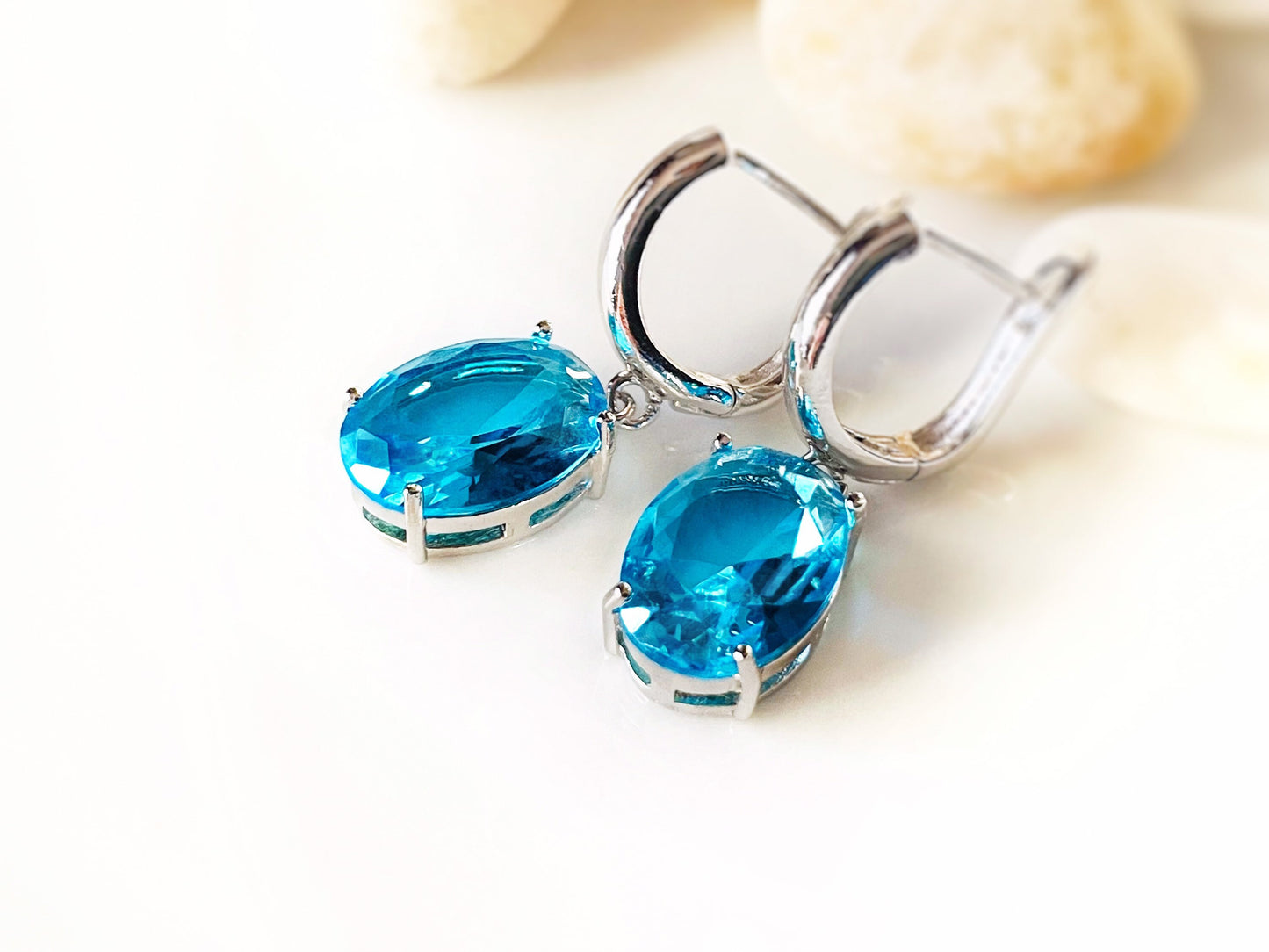 Large cushion cut blue topaz dangle earrings, azure blue gem drop earrings, for her, blue bridal earrings, November birthday gift