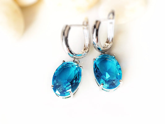 Large cushion cut blue topaz dangle earrings, blue gem drop earrings, gift for her, azure bridal earrings, December birthday gift