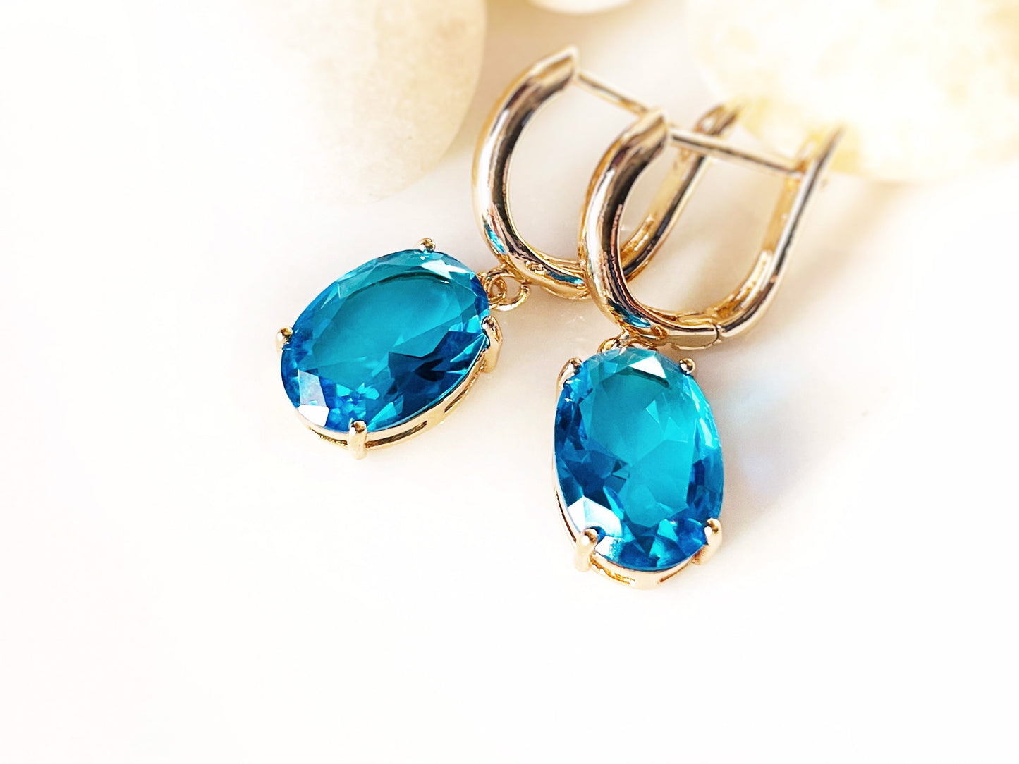 Large cushion cut blue topaz dangle earrings, azure blue gem drop earrings, for her, blue bridal earrings, November birthday gift