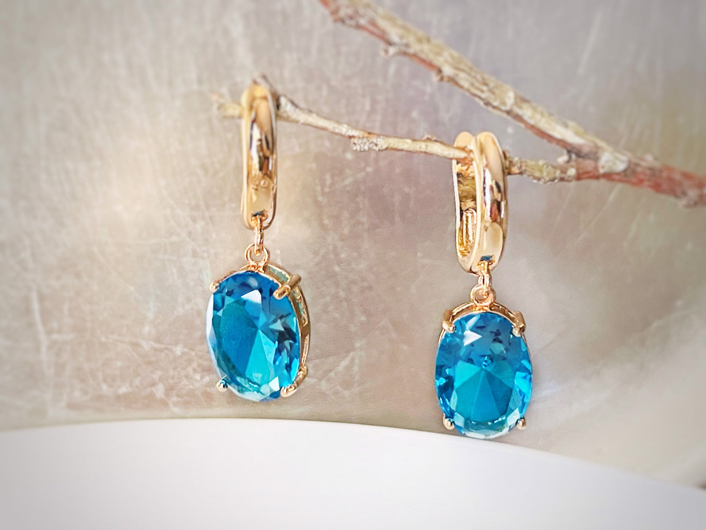 Large cushion cut blue topaz dangle earrings, azure blue gem drop earrings, for her, blue bridal earrings, November birthday gift