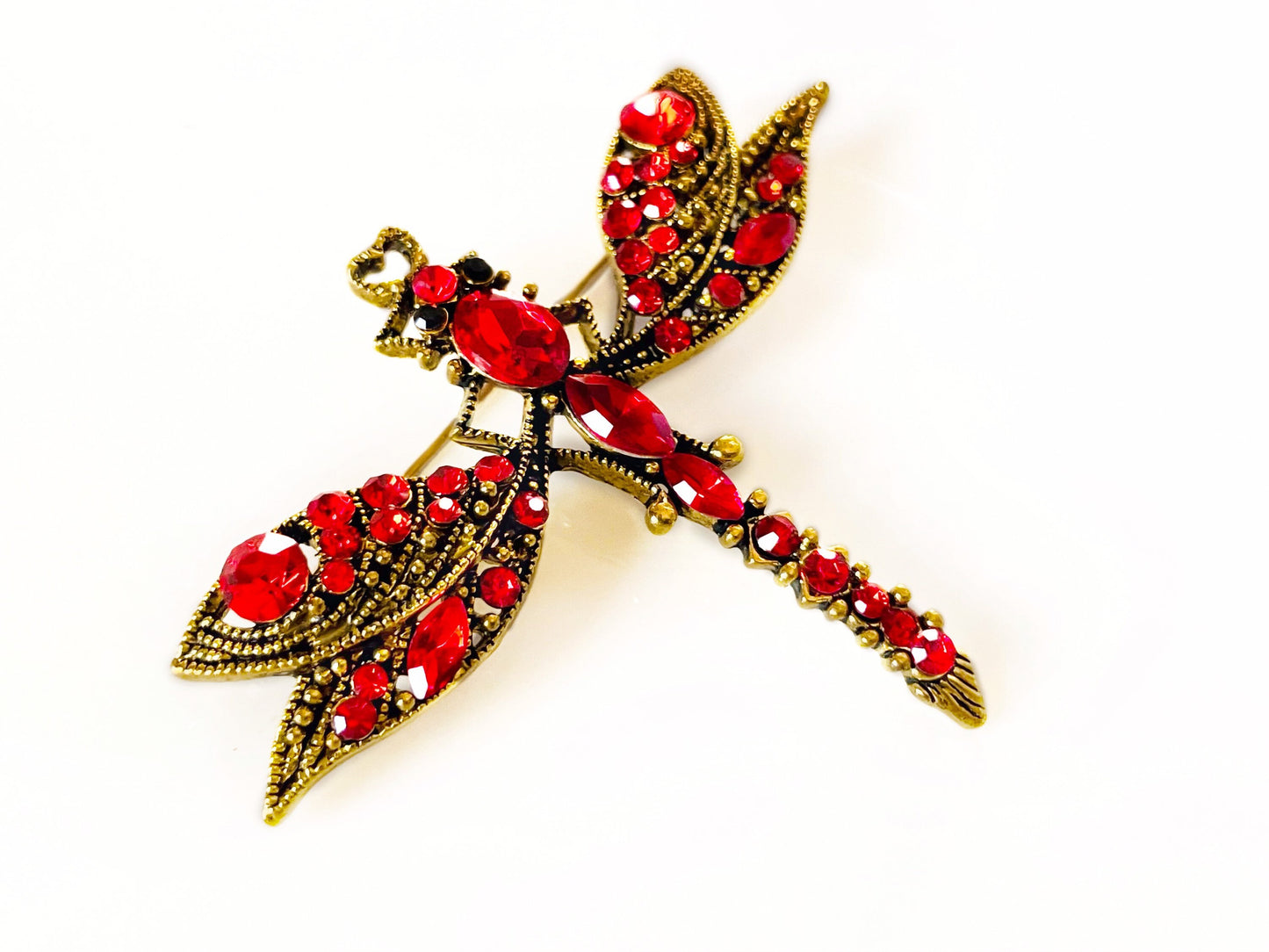 Red crystal dragonfly brooch pin antique gold, vintage inspired red crystal statement brooch pin, gift for her, gift for mom