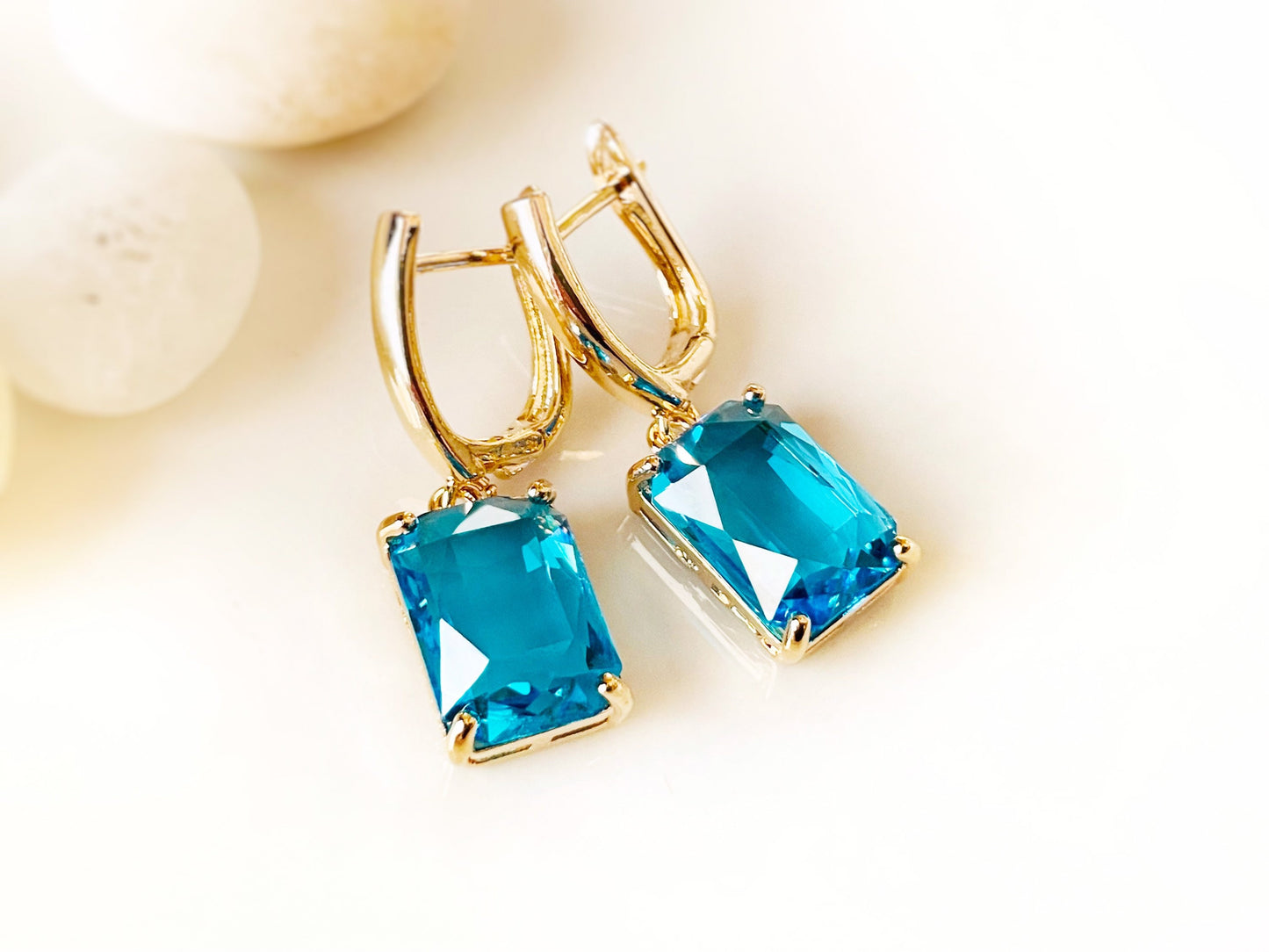 Large emerald cut blue topaz dangle earring, blue gemstone earrings, December birthstone, gift for her, gift for mom