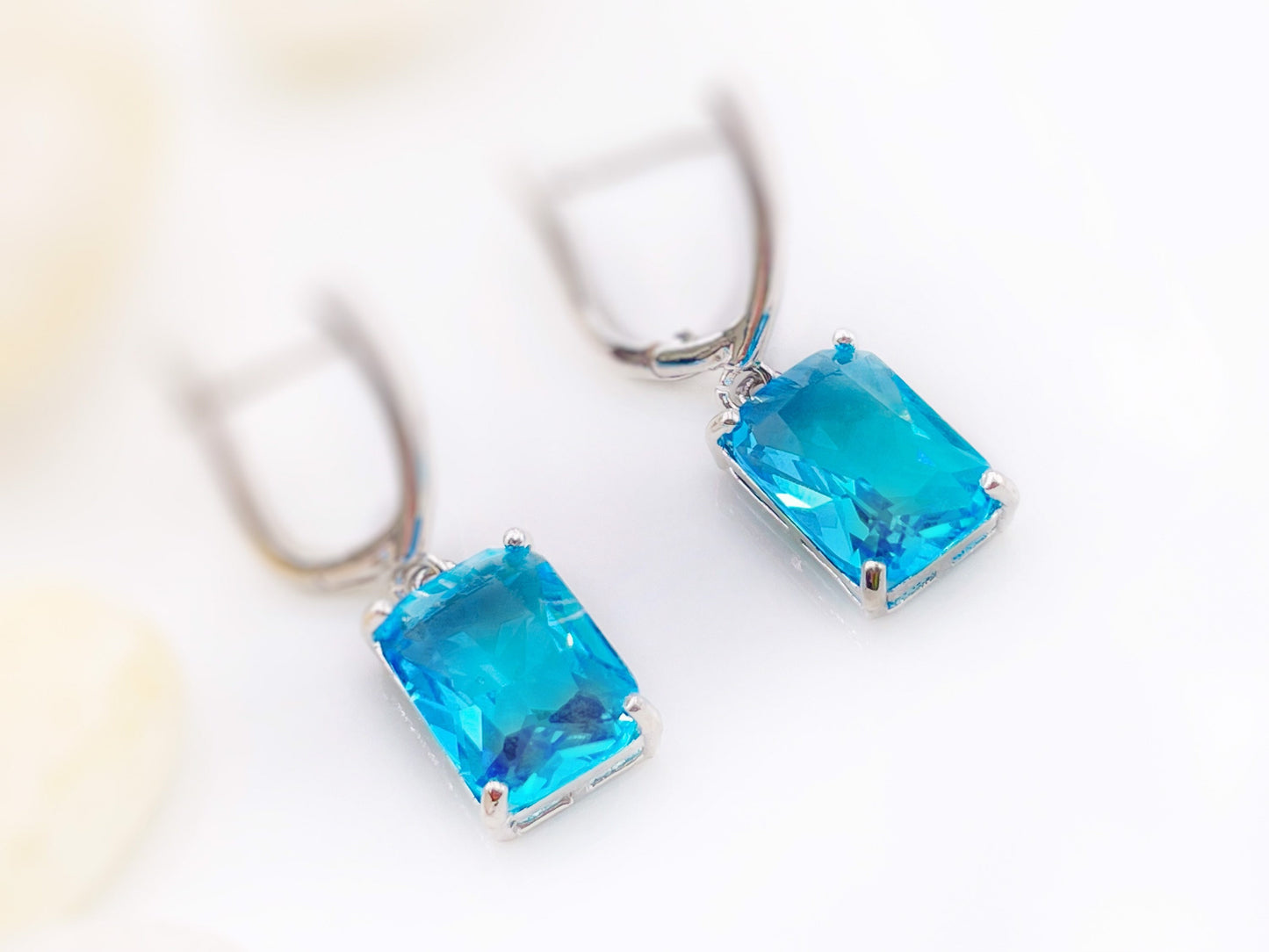 Large emerald cut blue topaz dangle earring, blue gemstone earrings, December birthstone, gift for her, gift for mom