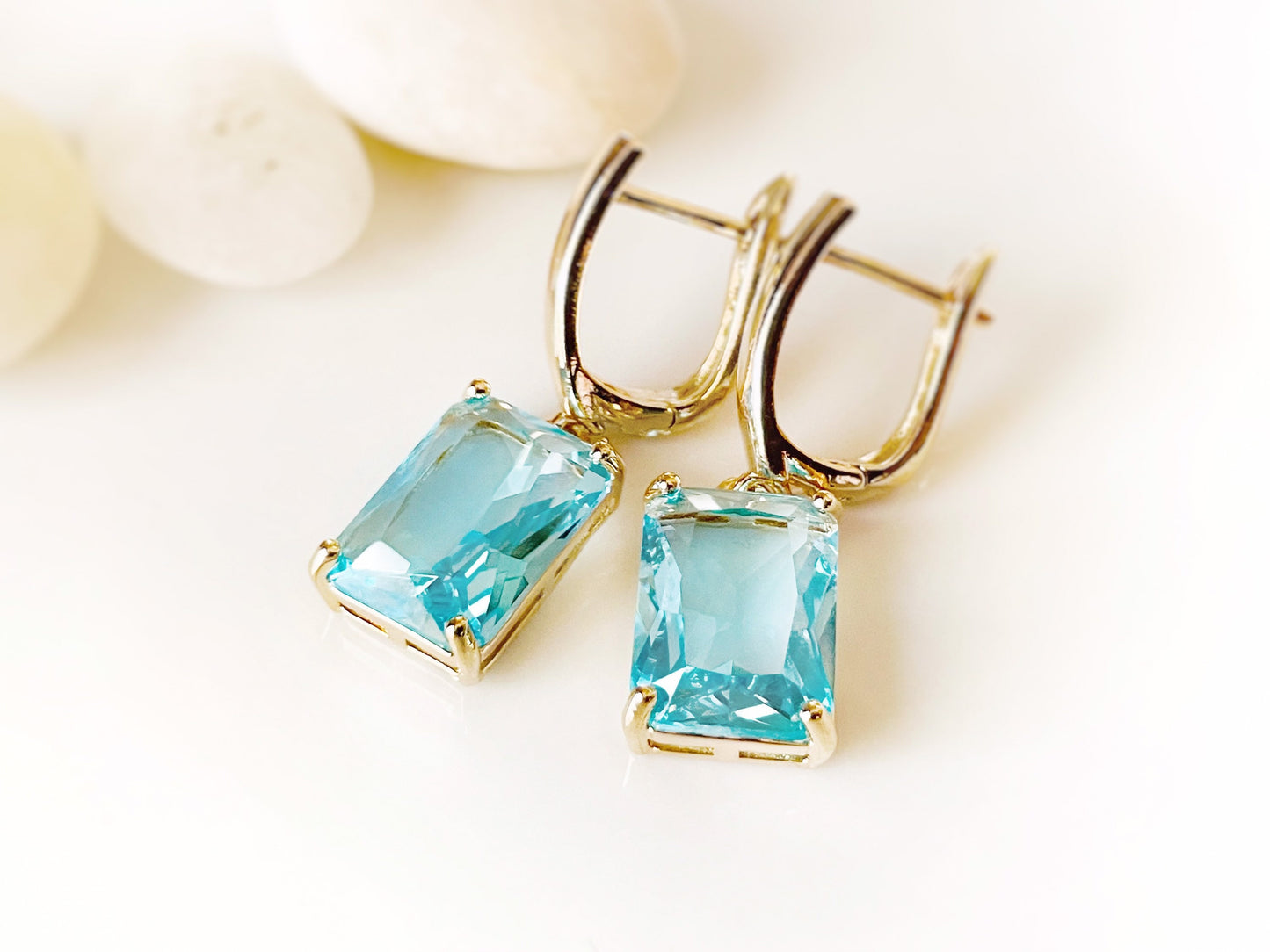 Large emerald cut aquamarine dangle earrings, March birthstone, light blue earrings, gift for mom, gift for her