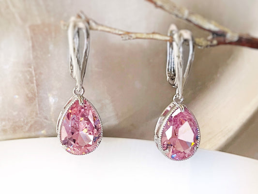 Large Pink sapphire dangle earrings, large teardrop pink gemstone drop earrings, gift for her, gift for mom, October birthstone