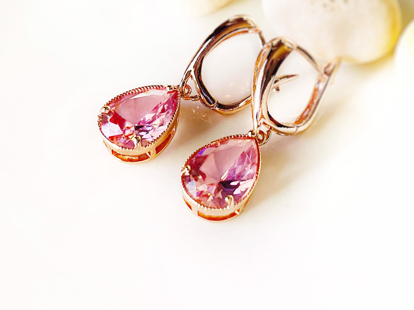 Large pink sapphire teardrop dangle earrings, large teardrop pink gemstone earrings, gift for her, gift for mom, October birthstone