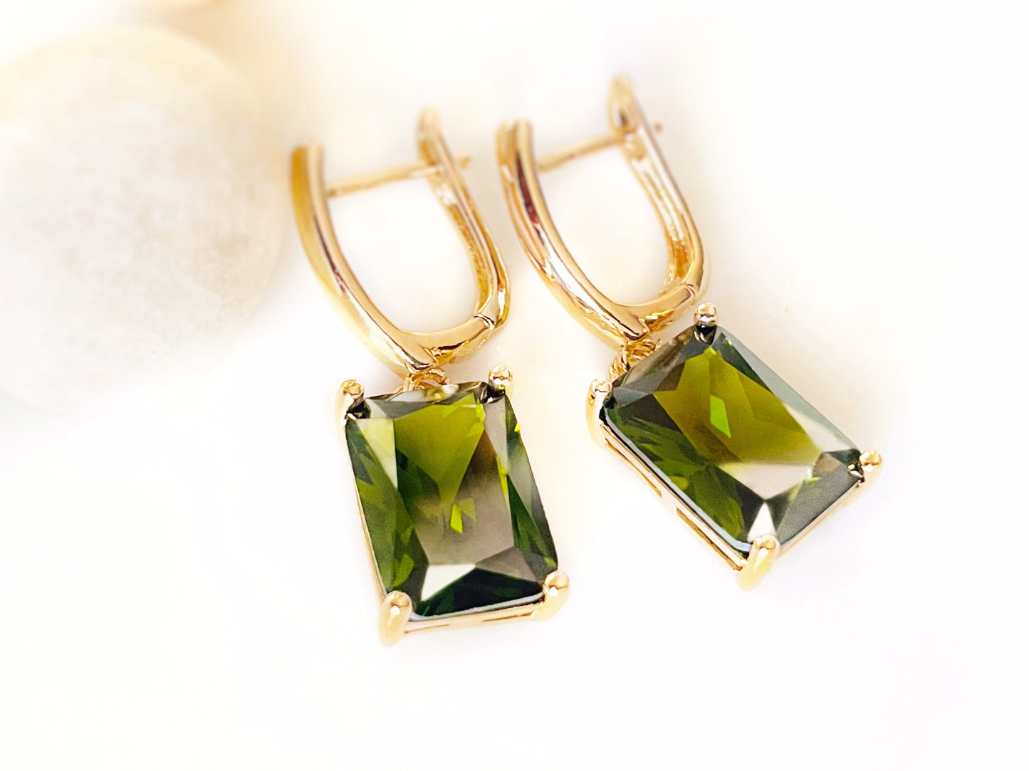 Large emerald cut peridot dangling earrings, August birthstone, olive green gemstone drop earrings, gift for her, gift for mom