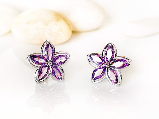 Amethyst flower stud earrings white gold, purple dangle gemstone flower earrings, gift for her, gift for daughter, February birthstone