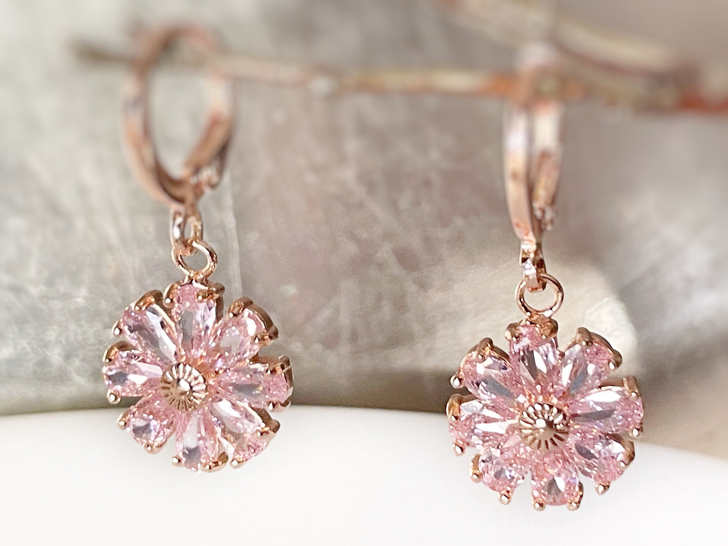 Pink sapphire daisy flower 2pc jewelry set