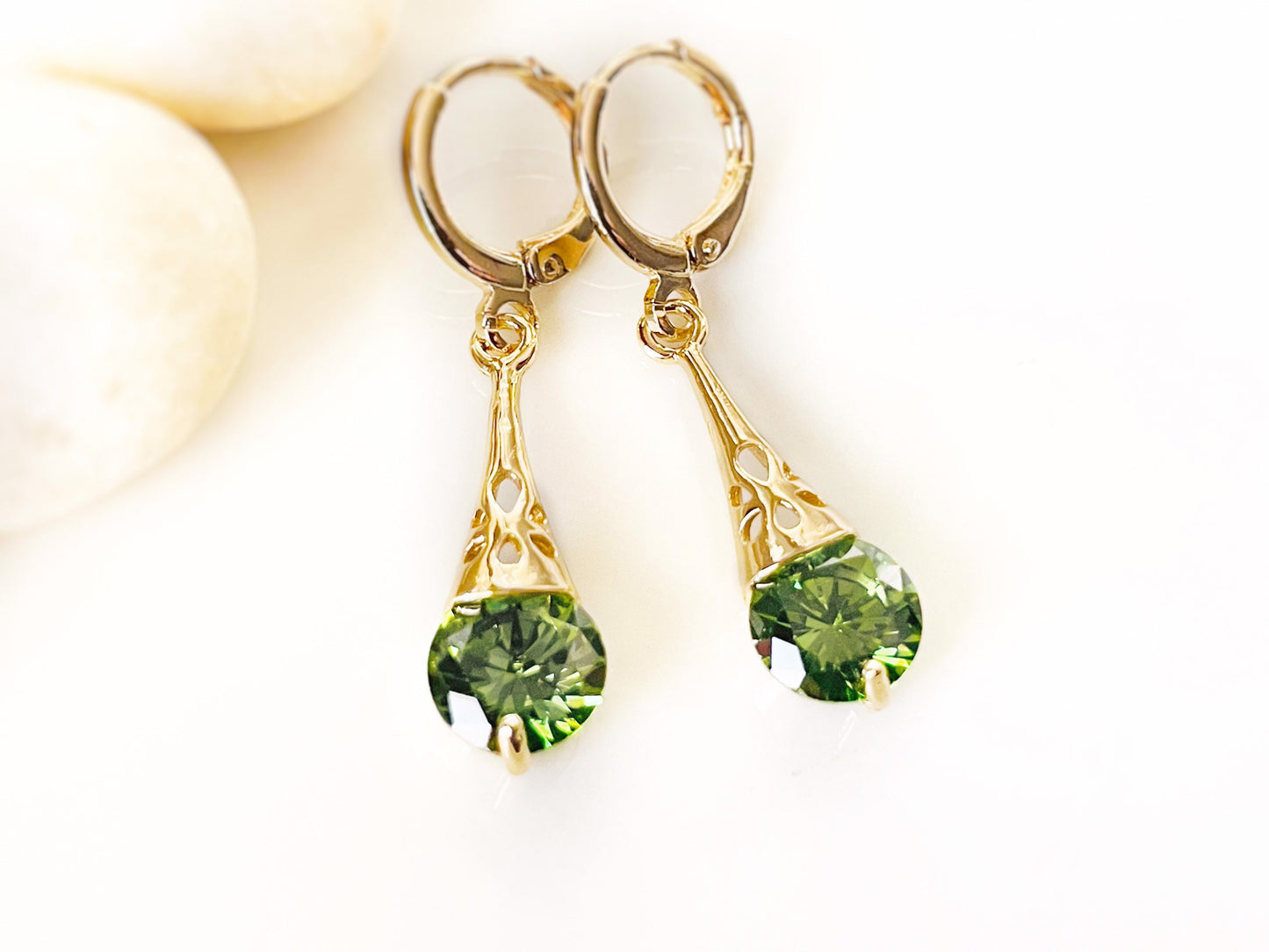 Peridot filigree dangle earrings, olive green gemstone dangles, gift for her, gift for daughter, August birthstone