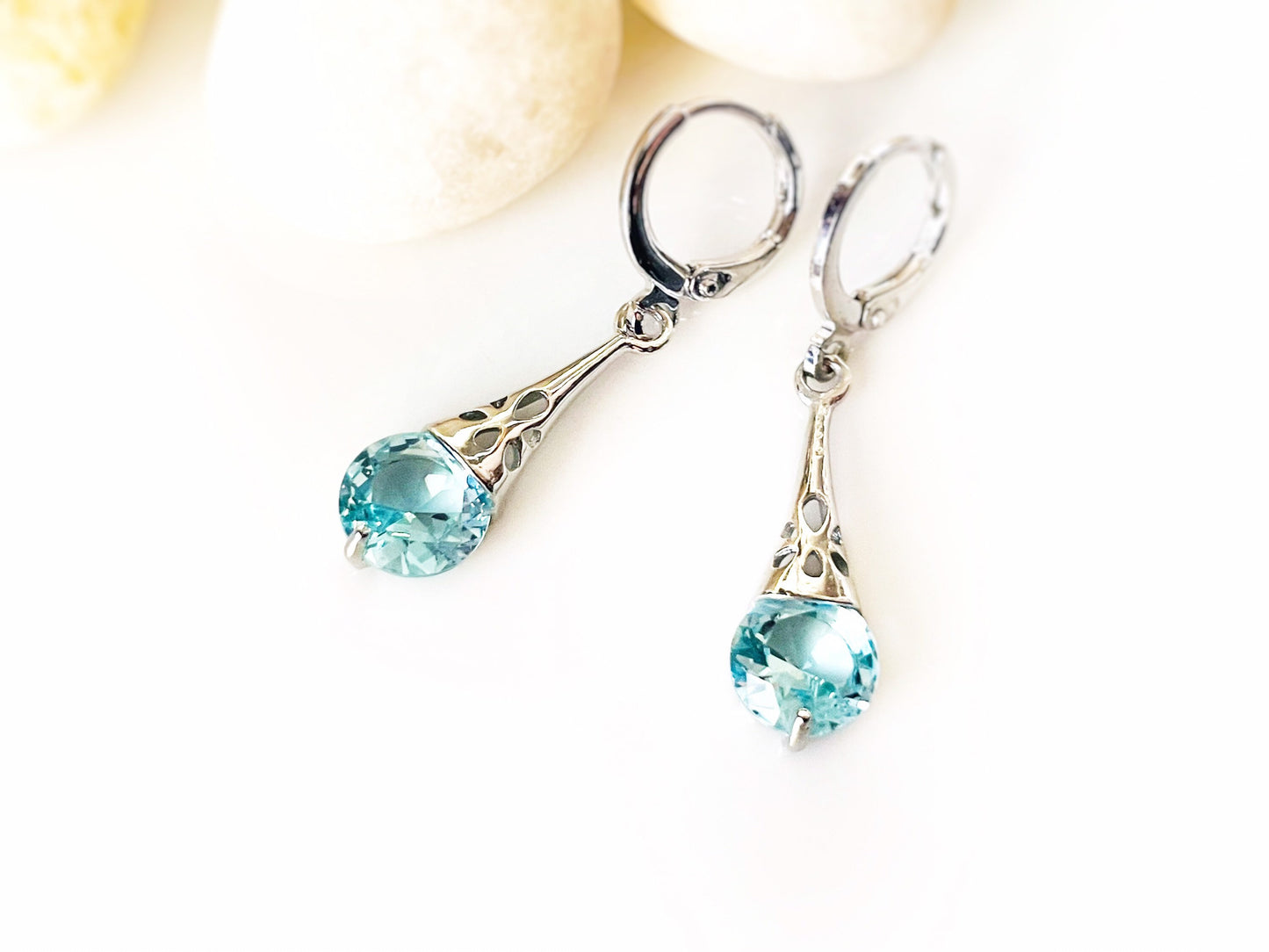 Aquamarine filigree dangle earrings, small light blue gemstone earrings, gift for her, gift for daughter, march birthstone