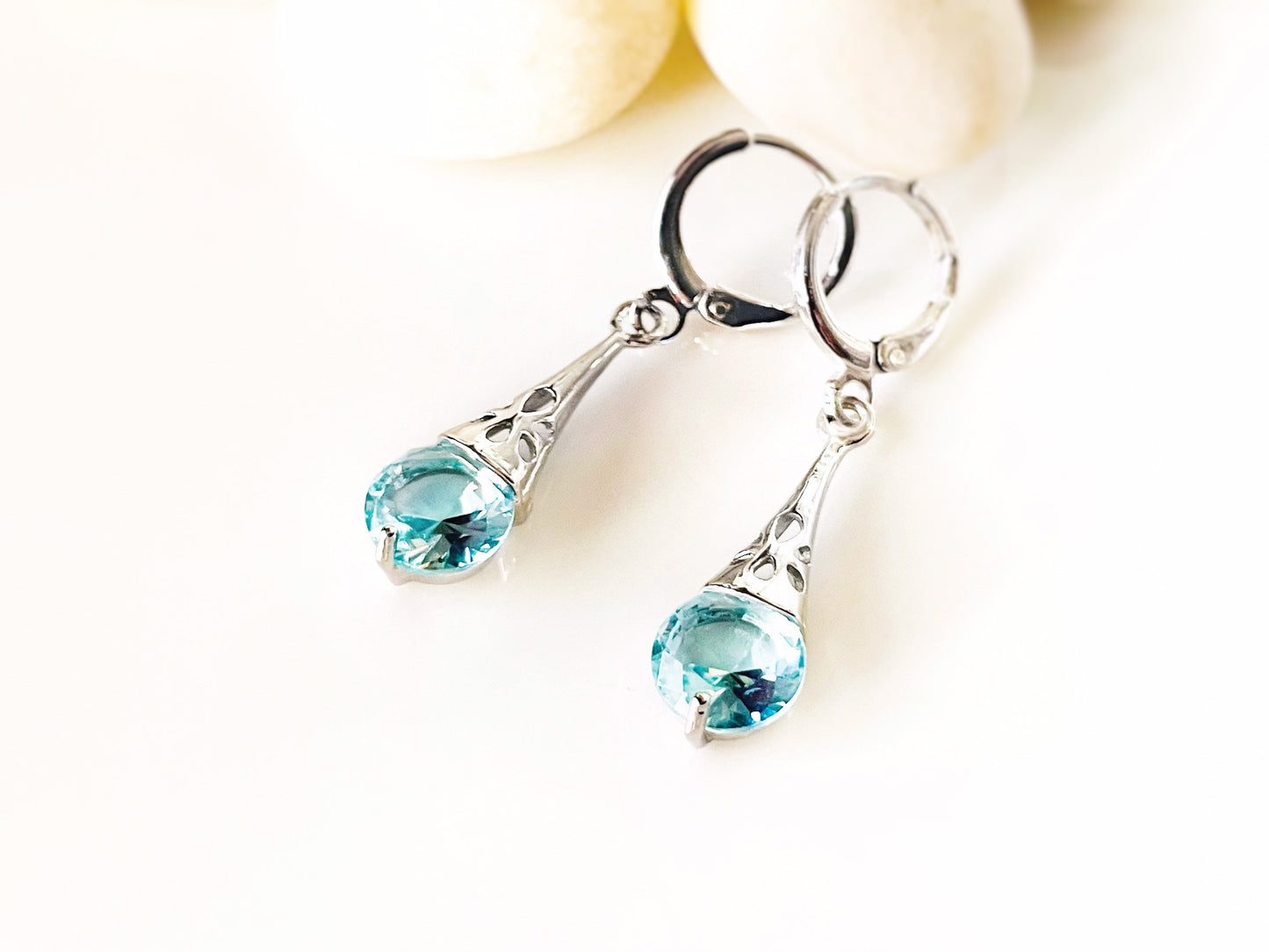 Aquamarine filigree dangle earrings, small light blue gemstone earrings, gift for her, gift for daughter, march birthstone