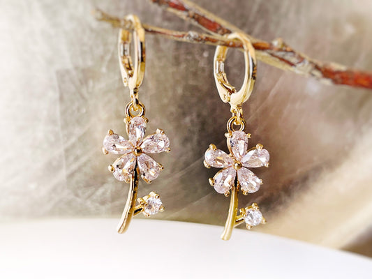 White sapphire flower dangle earrings gold, white flower drop earrings, April birthstone earrings, gift for girls, gift for her