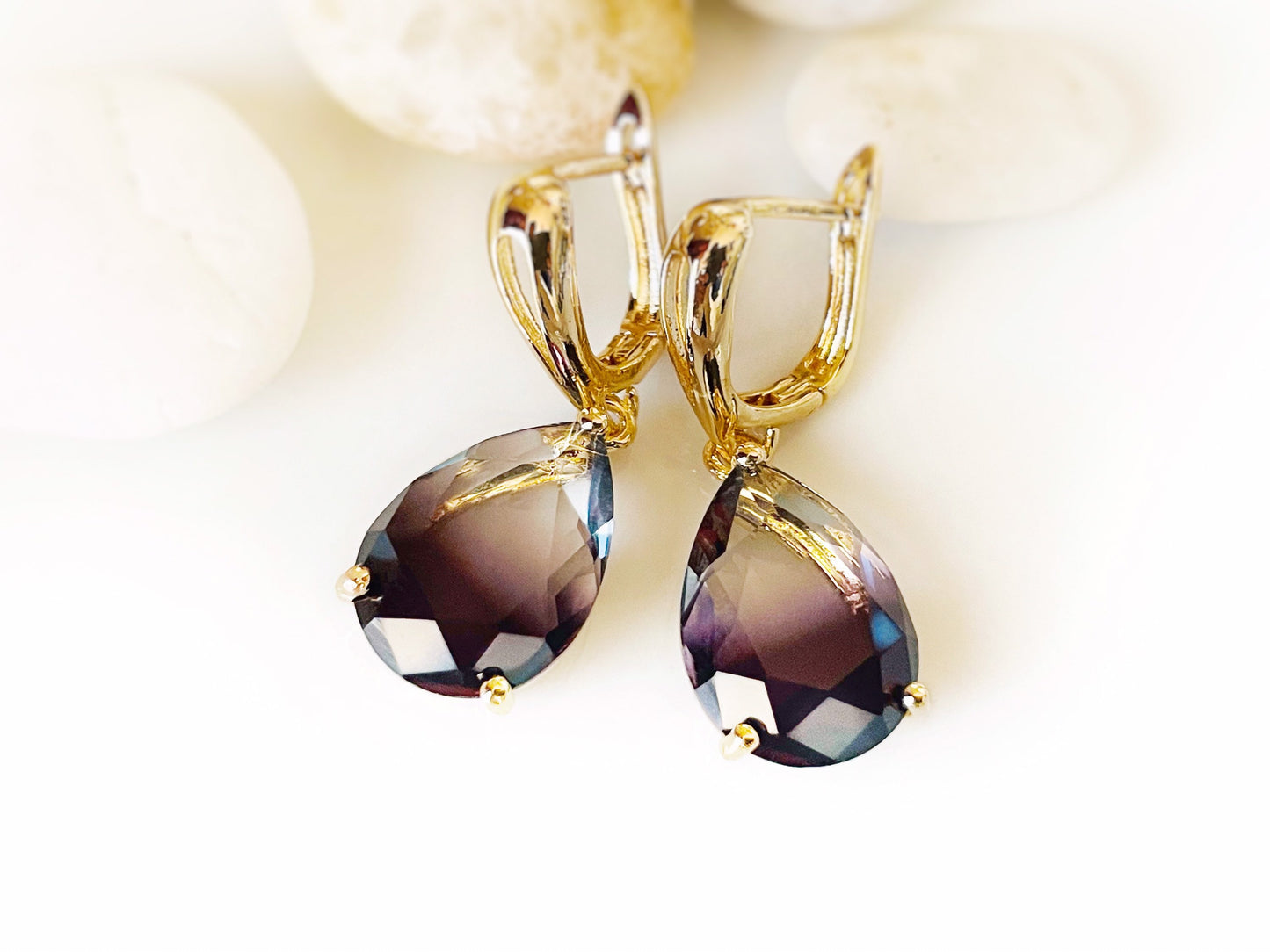 Large bicolor black tourmaline dangle earrings, black and clear gradient gemstone teardrop earrings, gift for her, gift for mom