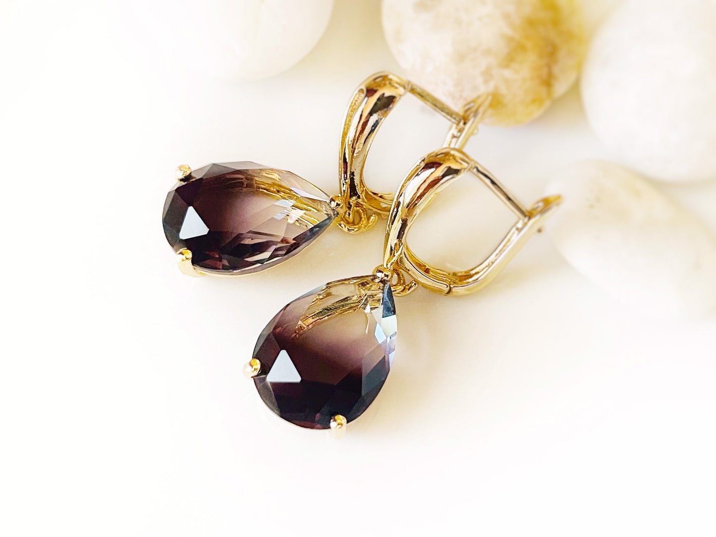 Large bicolor black tourmaline dangle earrings, black and clear gradient gemstone teardrop earrings, gift for her, gift for mom