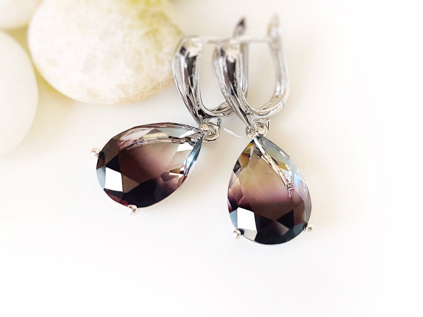 Large bicolor black tourmaline dangle earrings, black and clear gradient gemstone teardrop earrings, gift for her, gift for mom