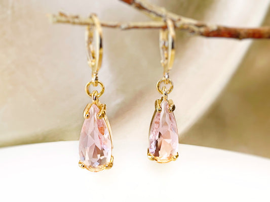 Teardrop pink sapphire huggie dangle earrings gold, elongated pink gemstone teardrops, gift for her, October birthstone earrings