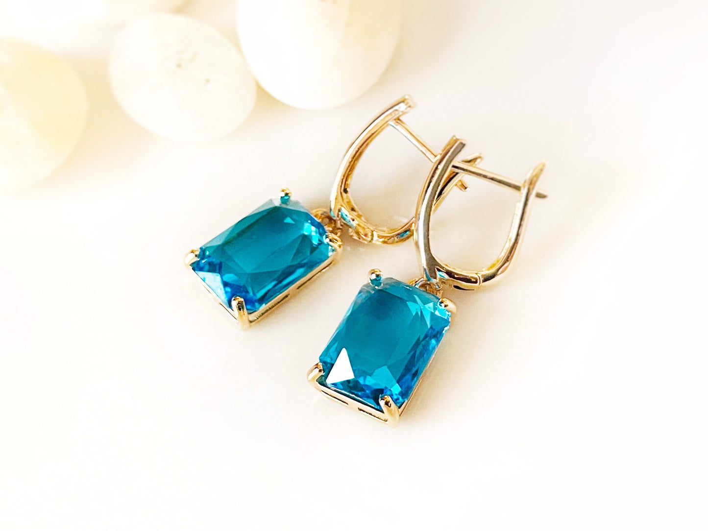 Large emerald cut blue topaz dangle earring, blue gemstone earrings, December birthstone, gift for her, gift for mom