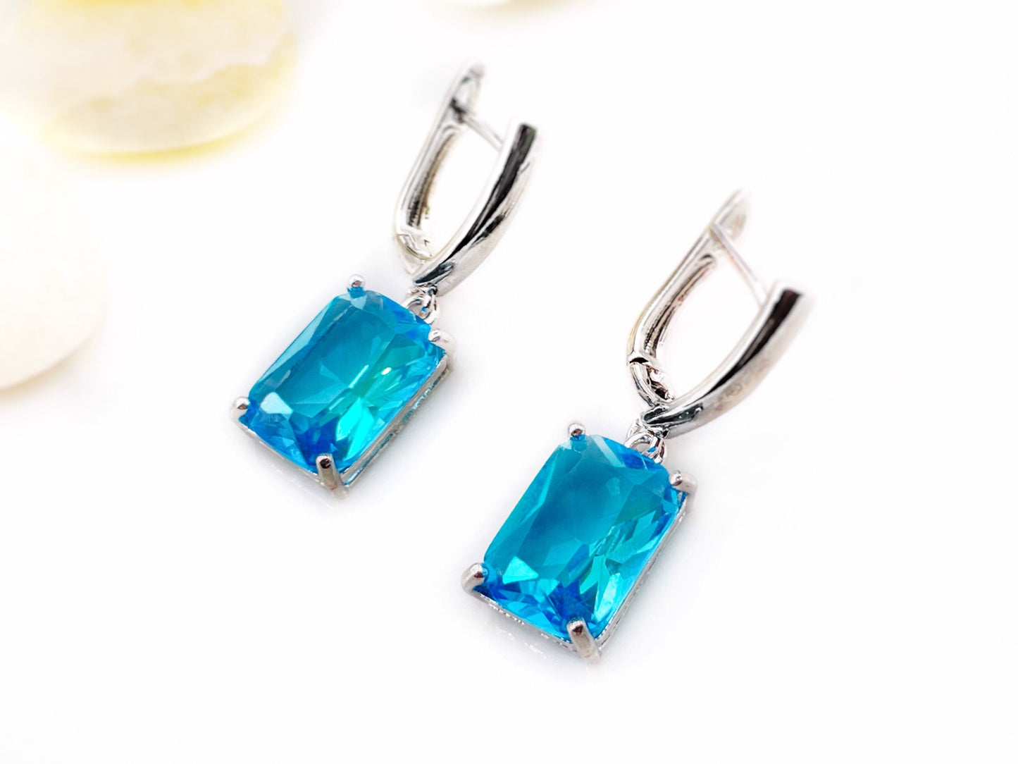 Large emerald cut blue topaz dangle earring, blue gemstone earrings, December birthstone, gift for her, gift for mom