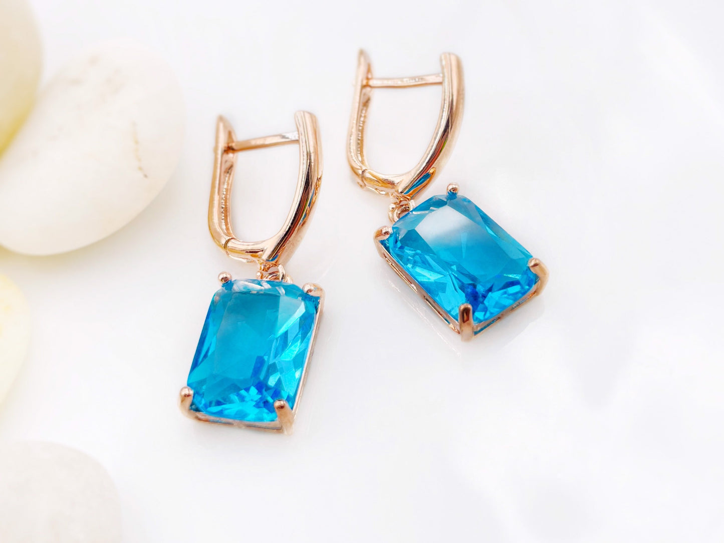 Large emerald cut blue topaz dangle earring, blue gemstone earrings, December birthstone, gift for her, gift for mom