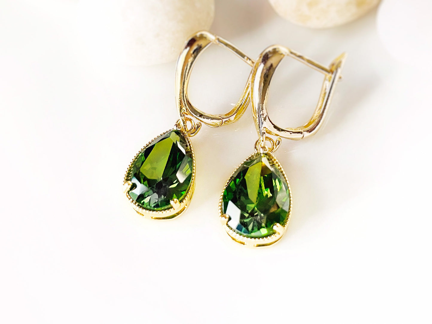 Peridot teardrop dangle earrings, August birthstones, olive green gemstone earrings, gift for her, gift for mom, bridal earrings