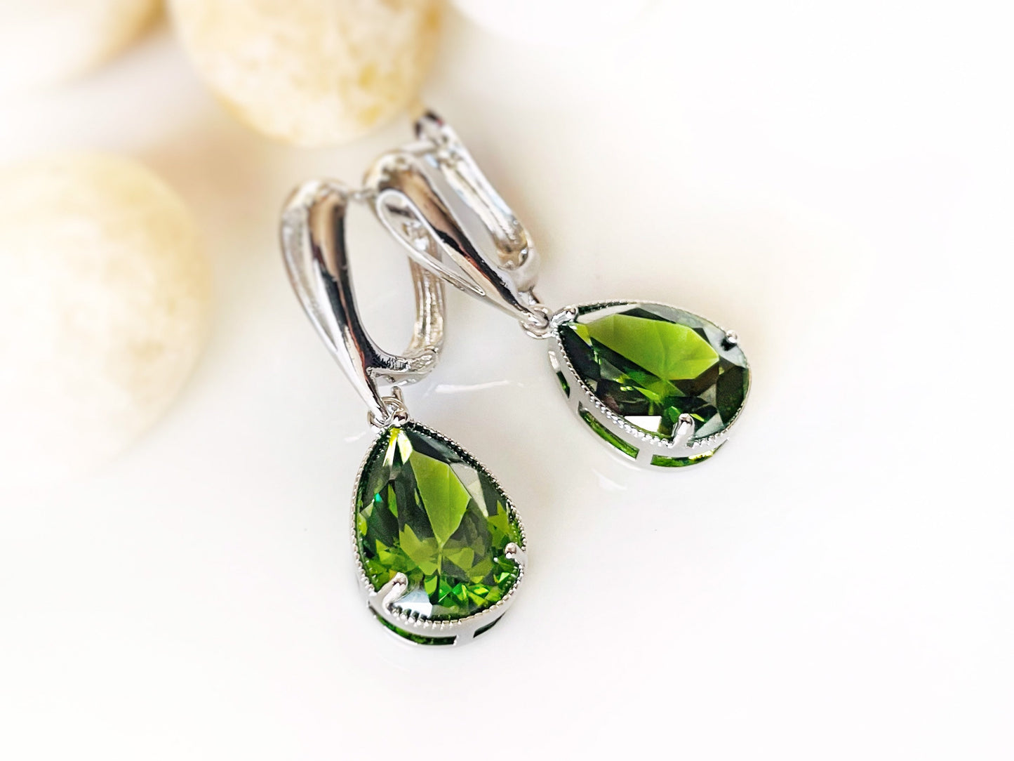 Peridot teardrop dangle earrings, August birthstones, olive green gemstone earrings, gift for her, gift for mom, bridal earrings