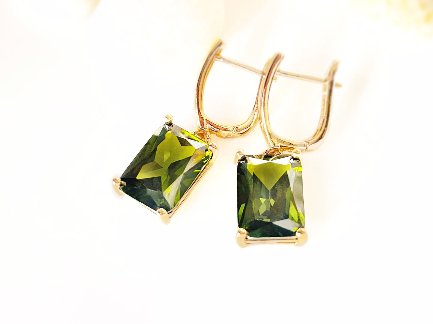 Large emerald cut peridot dangling earrings, August birthstone, olive green gemstone drop earrings, gift for her, gift for mom