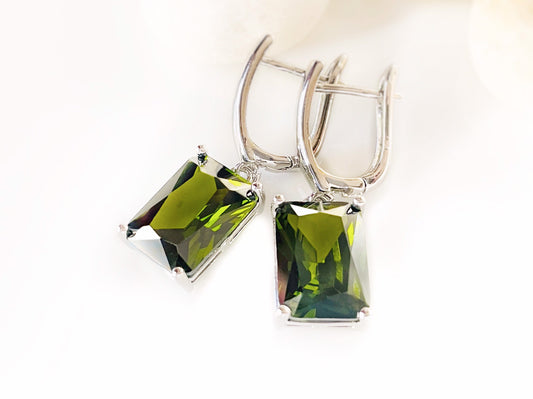 Large emerald cut peridot dangling earrings, August birthstone, olive green gemstone drop earrings, gift for her, gift for mom