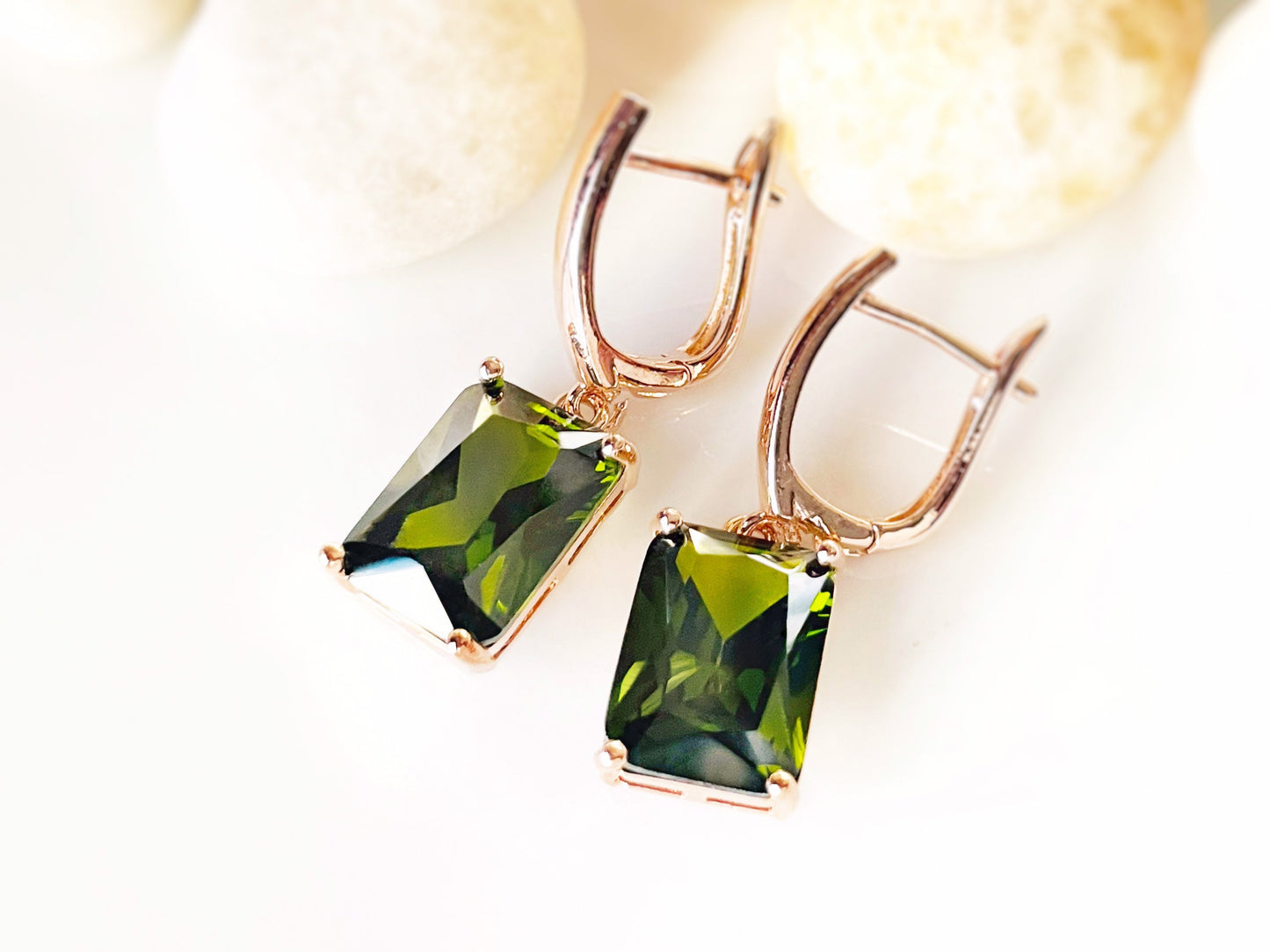 Large emerald cut peridot dangling earrings, August birthstone, olive green gemstone drop earrings, gift for her, gift for mom