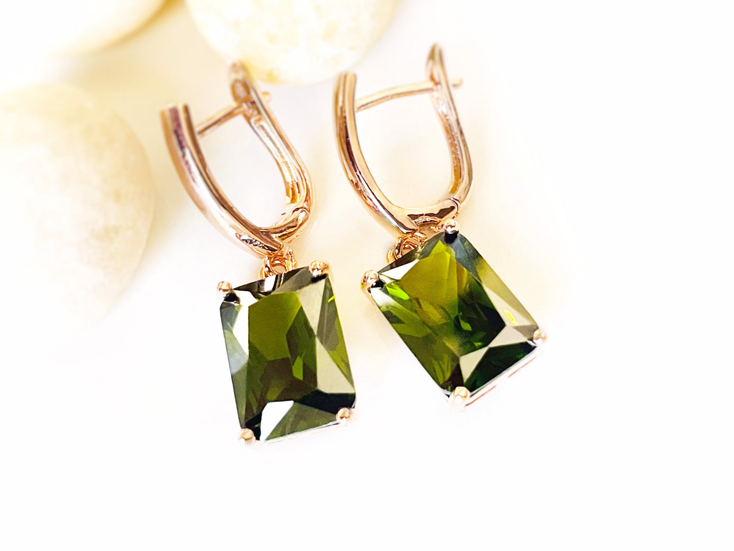 Large emerald cut peridot dangling earrings, August birthstone, olive green gemstone drop earrings, gift for her, gift for mom