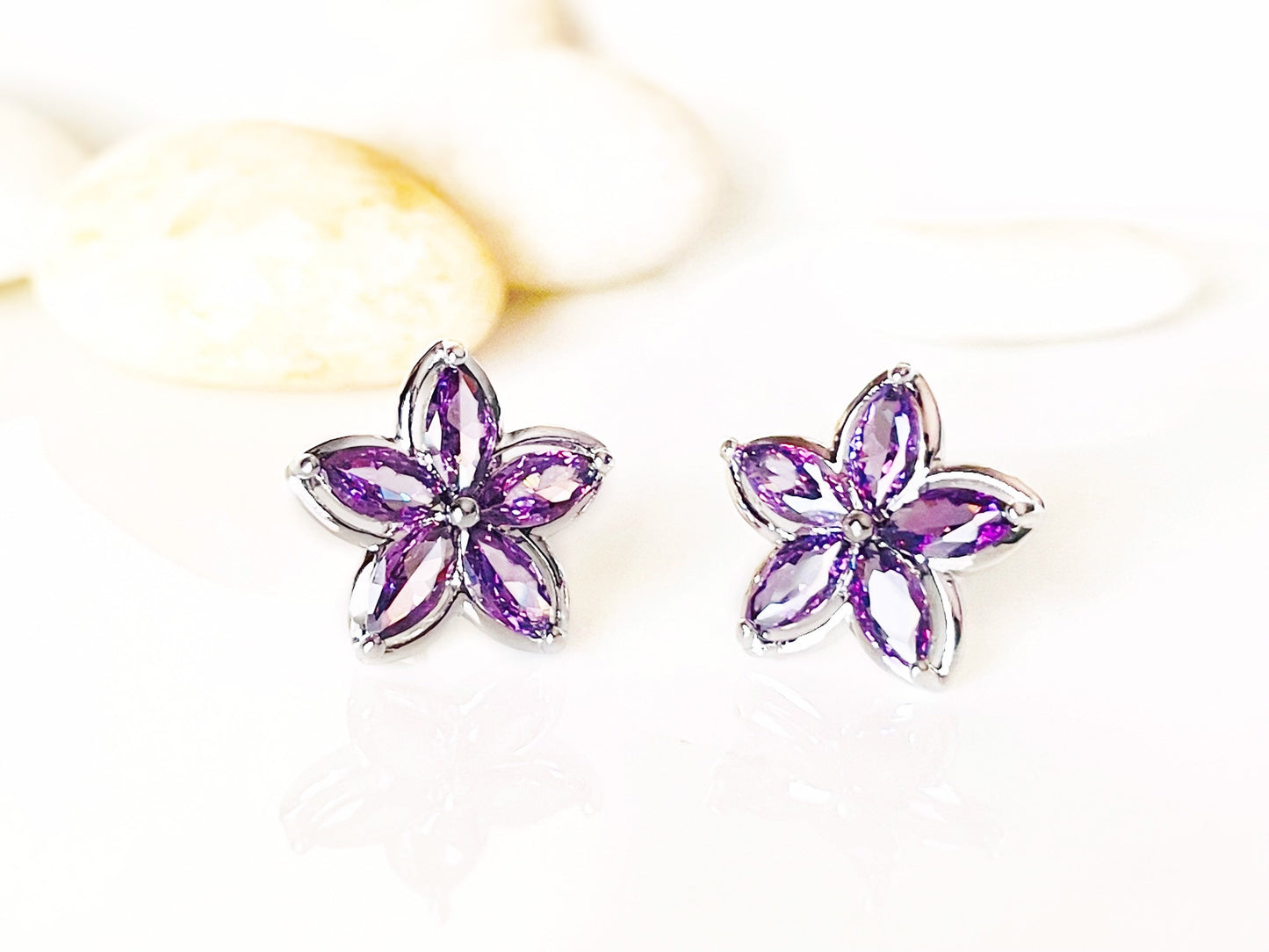 Amethyst flower stud earrings white gold, purple dangle gemstone flower earrings, gift for her, gift for daughter, February birthstone