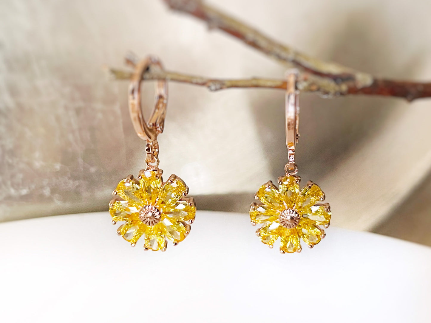 Citrine flower 2pc jewelry set, yellow gemstone daisy flower dangle earrings, citrine yellow earring necklace gift set, November birthstone