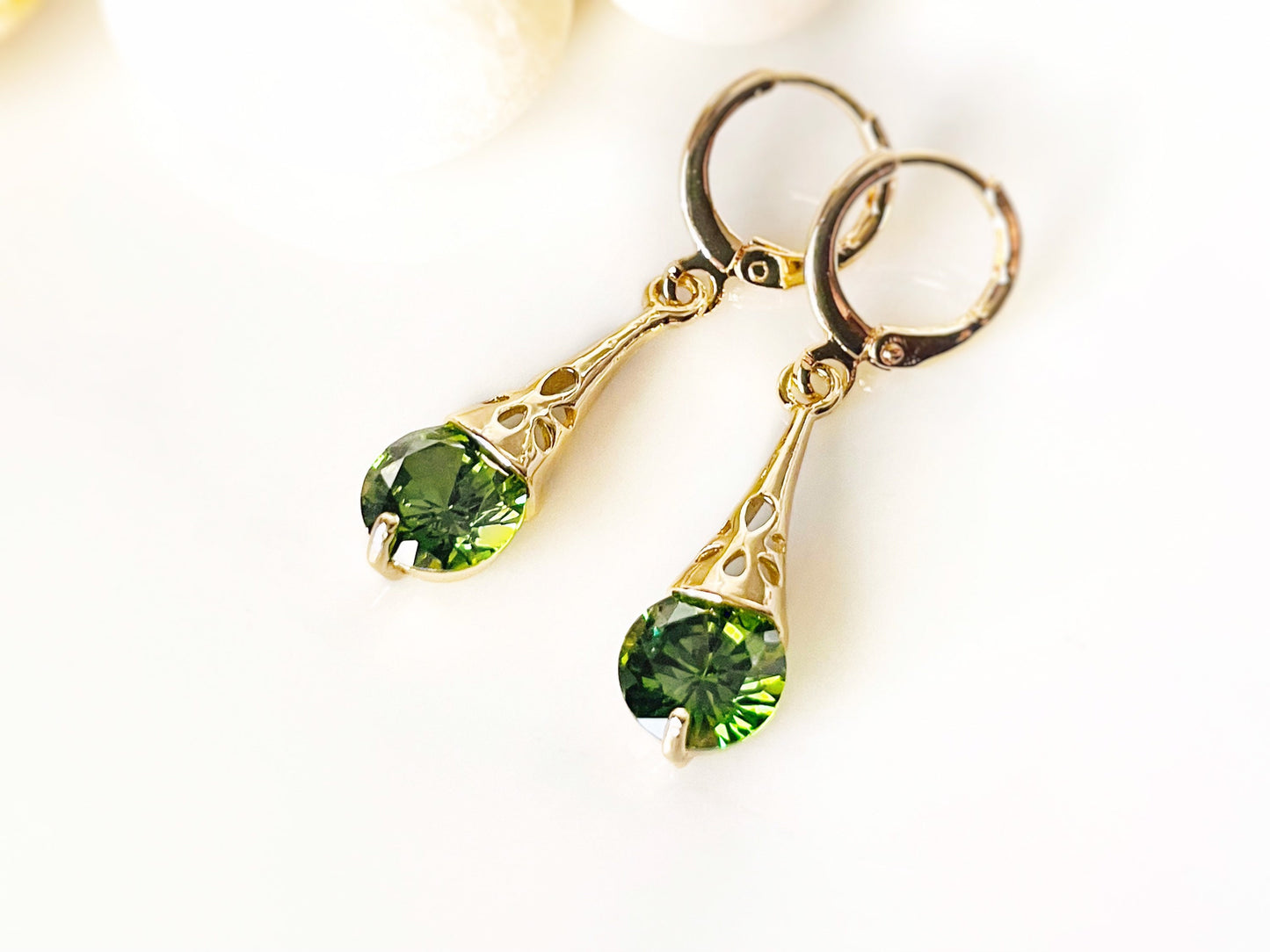 Peridot filigree dangle earrings, olive green gemstone dangles, gift for her, gift for daughter, August birthstone