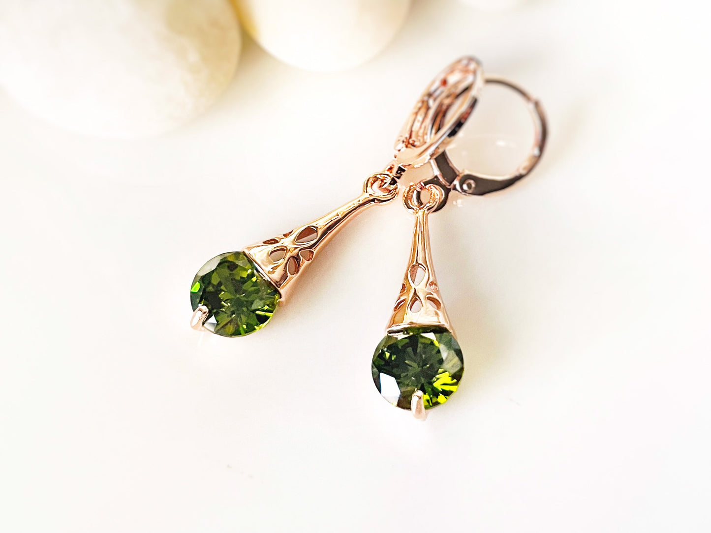 Peridot filigree dangle earrings, small olive green gemstone dangles, gift for her, gift for daughter, August birthstone
