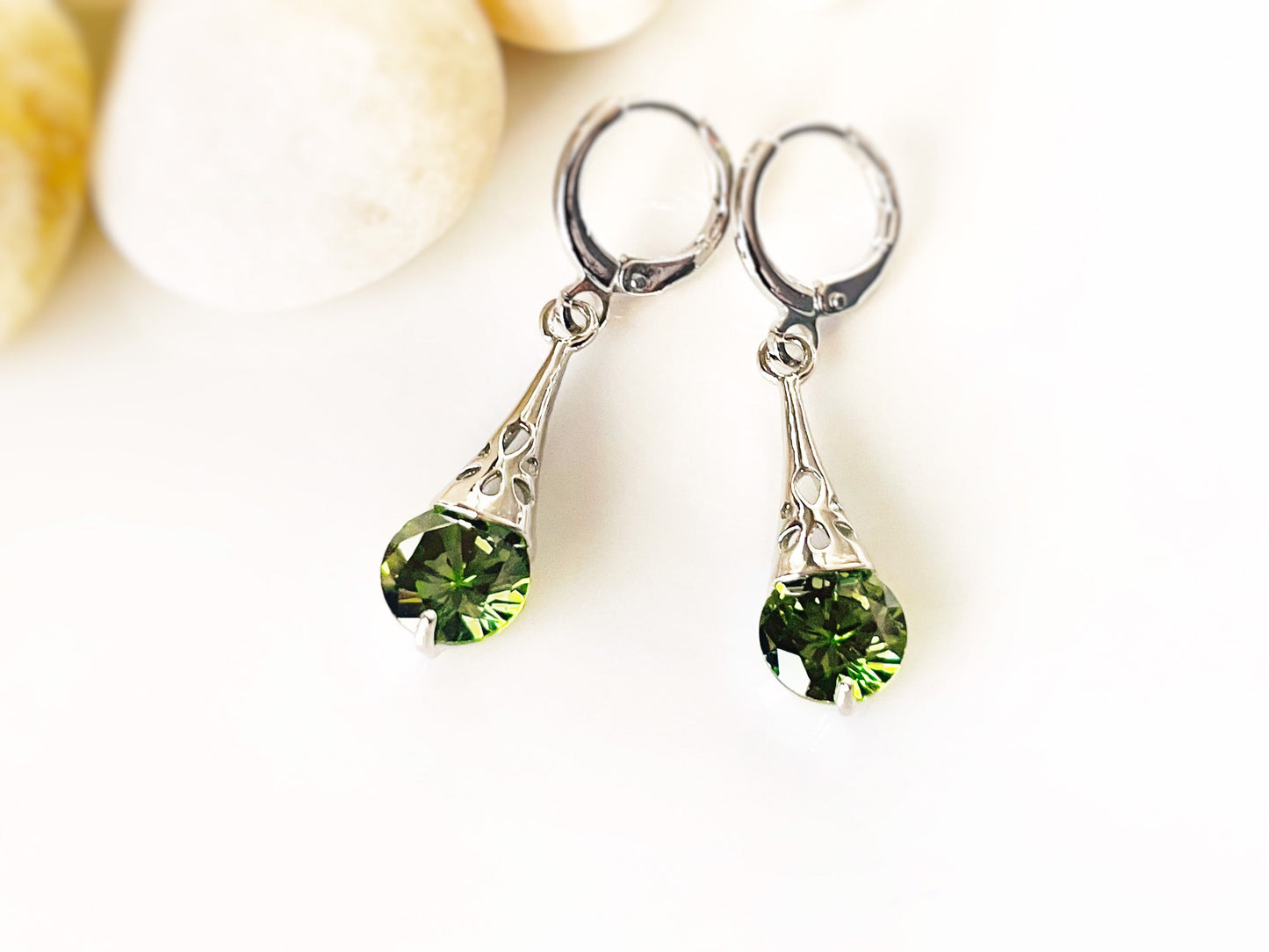 Peridot filigree dangle earrings, small olive green gemstone dangles, gift for her, gift for daughter, August birthstone