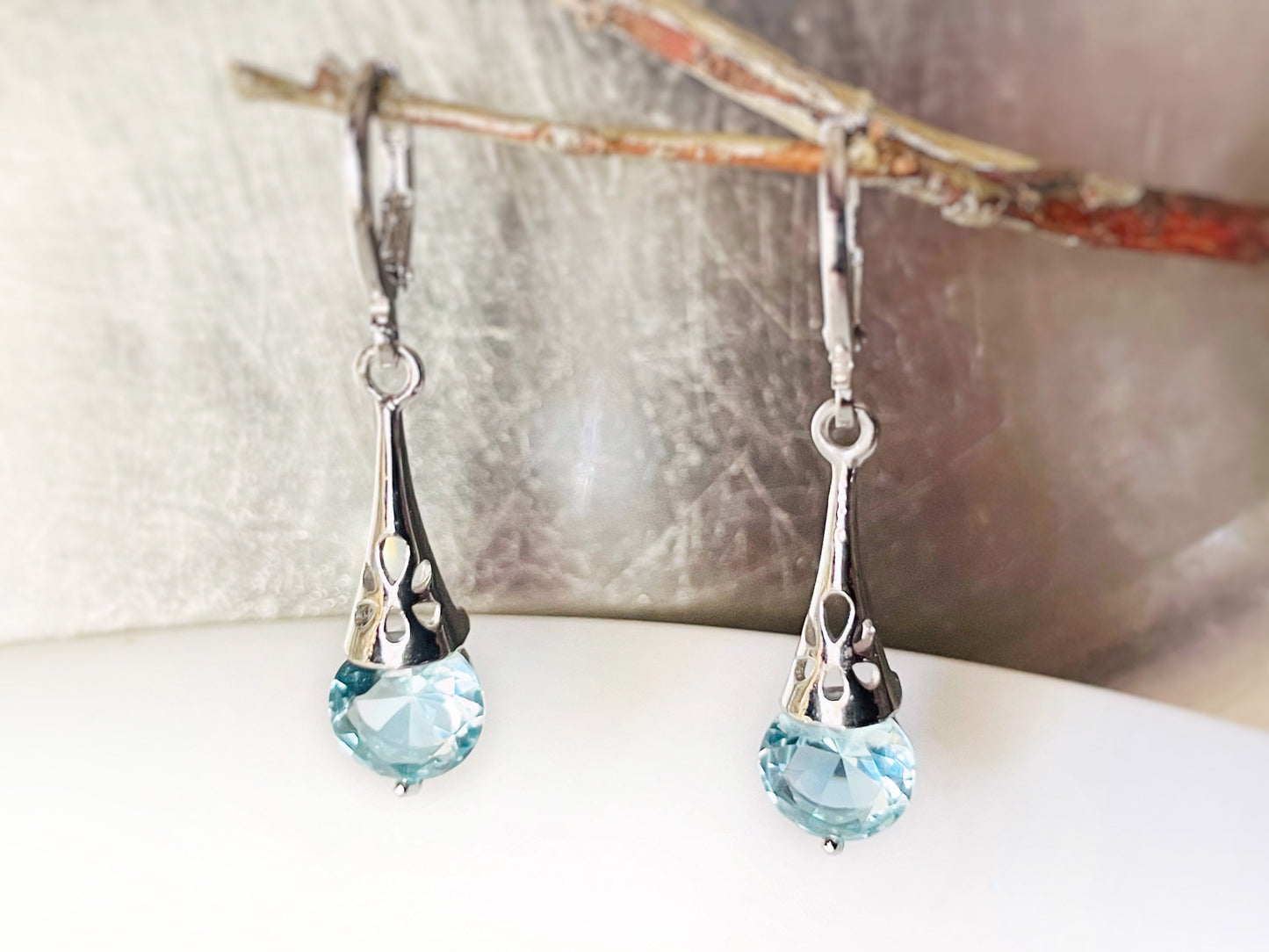 Aquamarine filigree dangle earrings, small light blue gemstone earrings, gift for her, gift for daughter, march birthstone