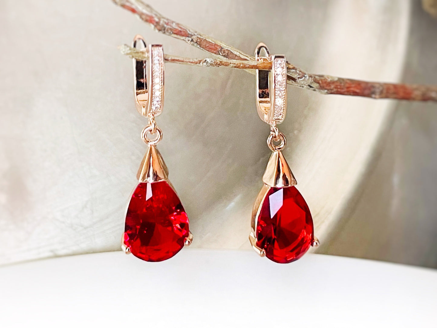 Teardrop ruby dangling earrings, red gemstone drop earrings, gift for her, gift for mom, red bridal earrings, July birthstone earrings