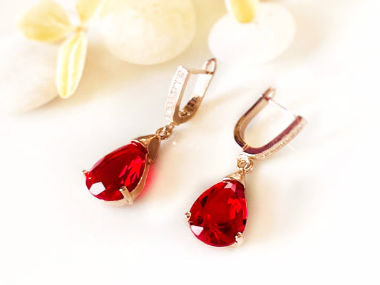 Teardrop ruby dangling earrings, red gemstone drop earrings, gift for her, gift for mom, red bridal earrings, July birthstone earrings