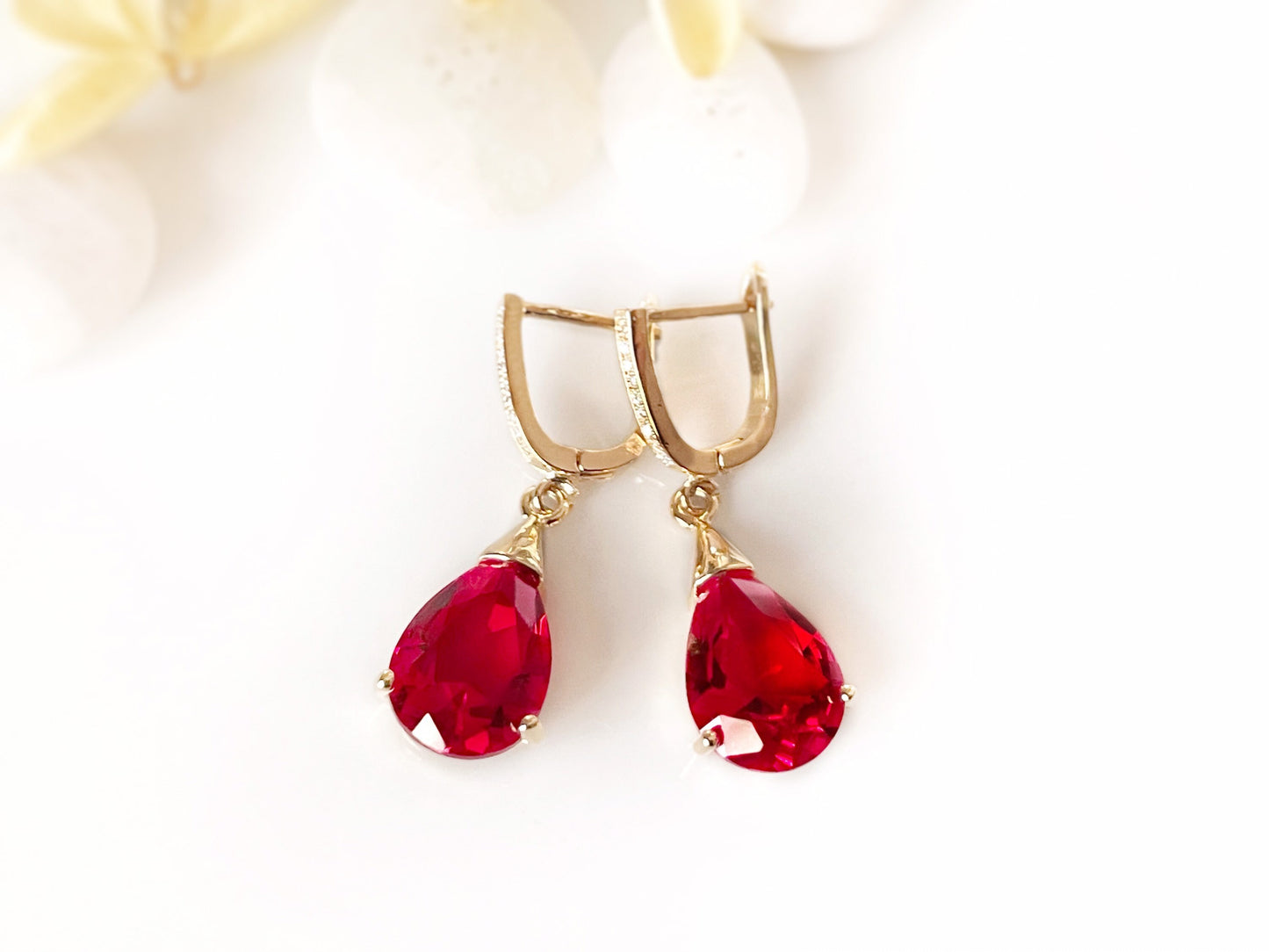 Teardrop ruby dangling earrings, red gemstone drop earrings, gift for her, gift for mom, red bridal earrings, July birthstone earrings