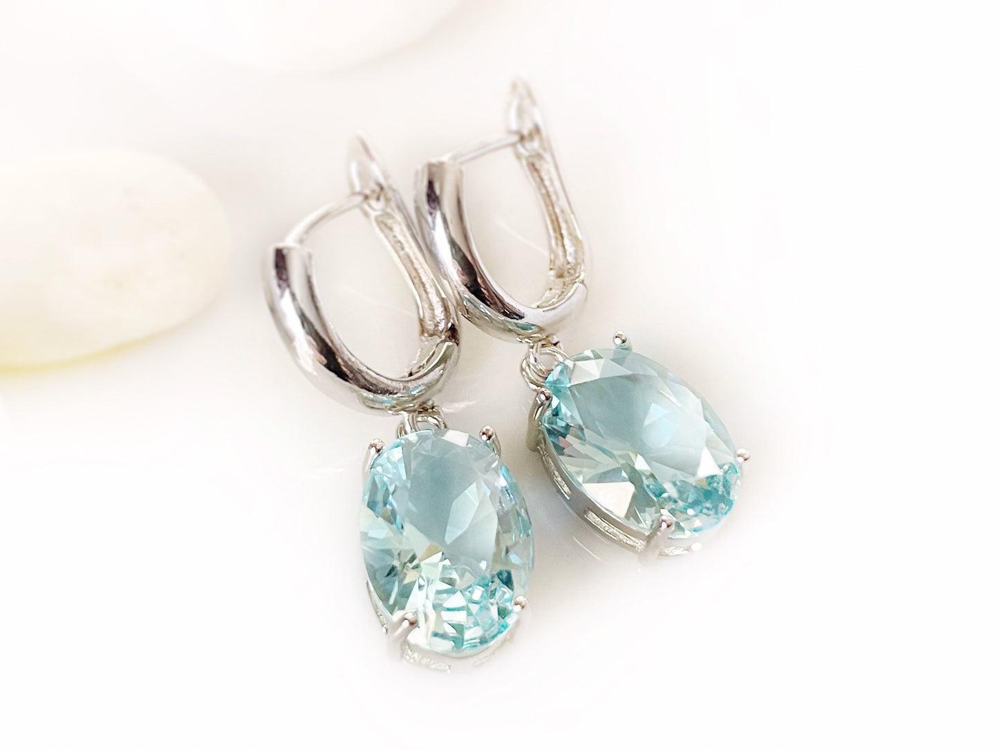 Large cushion cut aquamarine dangle, light blue gemstone drop earrings, gift for her, gift for mom, bridal earrings, March birthstone