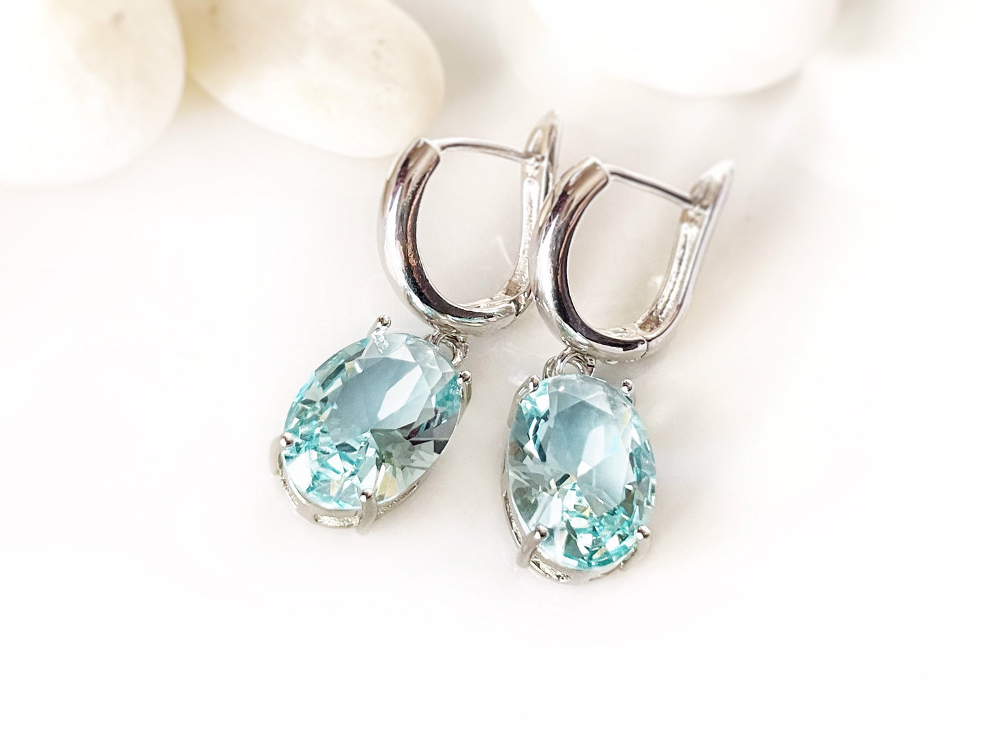 Large cushion cut aquamarine dangle, light blue gemstone drop earrings, gift for her, gift for mom, bridal earrings, March birthstone