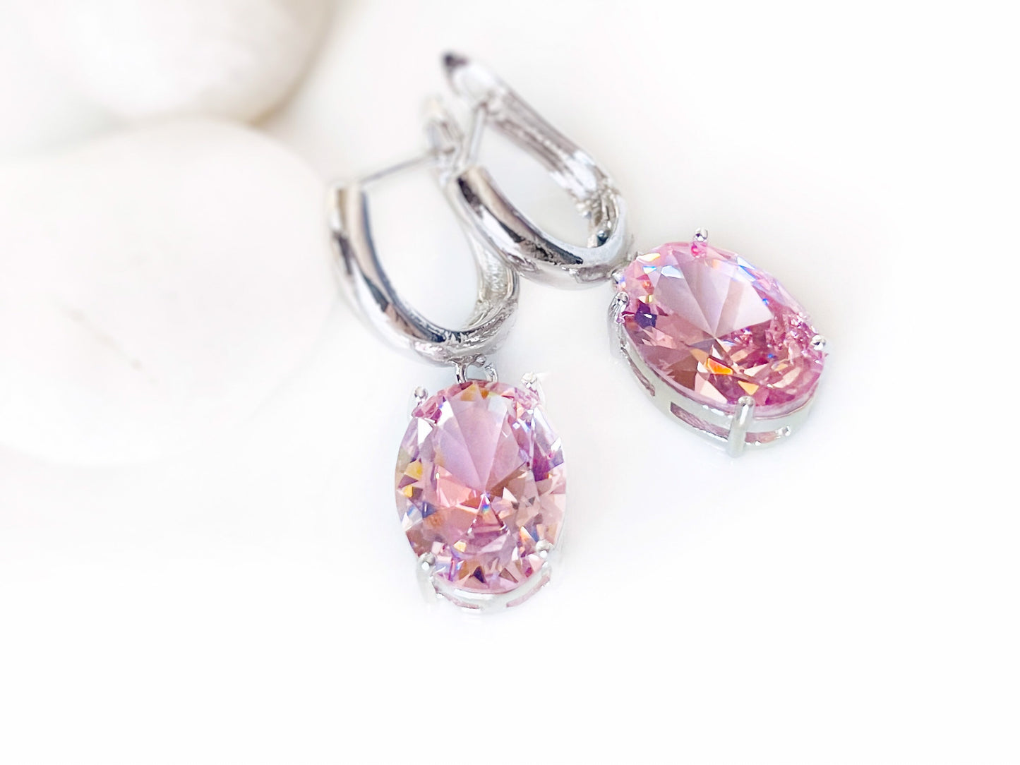 Large cushion cut pink sapphire dangle, pink gemstone drop earrings, gift for her, bridal earrings, October birthday