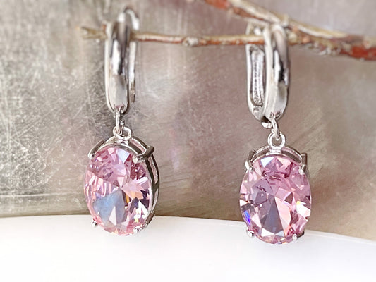 Large cushion cut pink sapphire dangle, pink gemstone drop earrings, gift for her, bridal earrings, October birthday