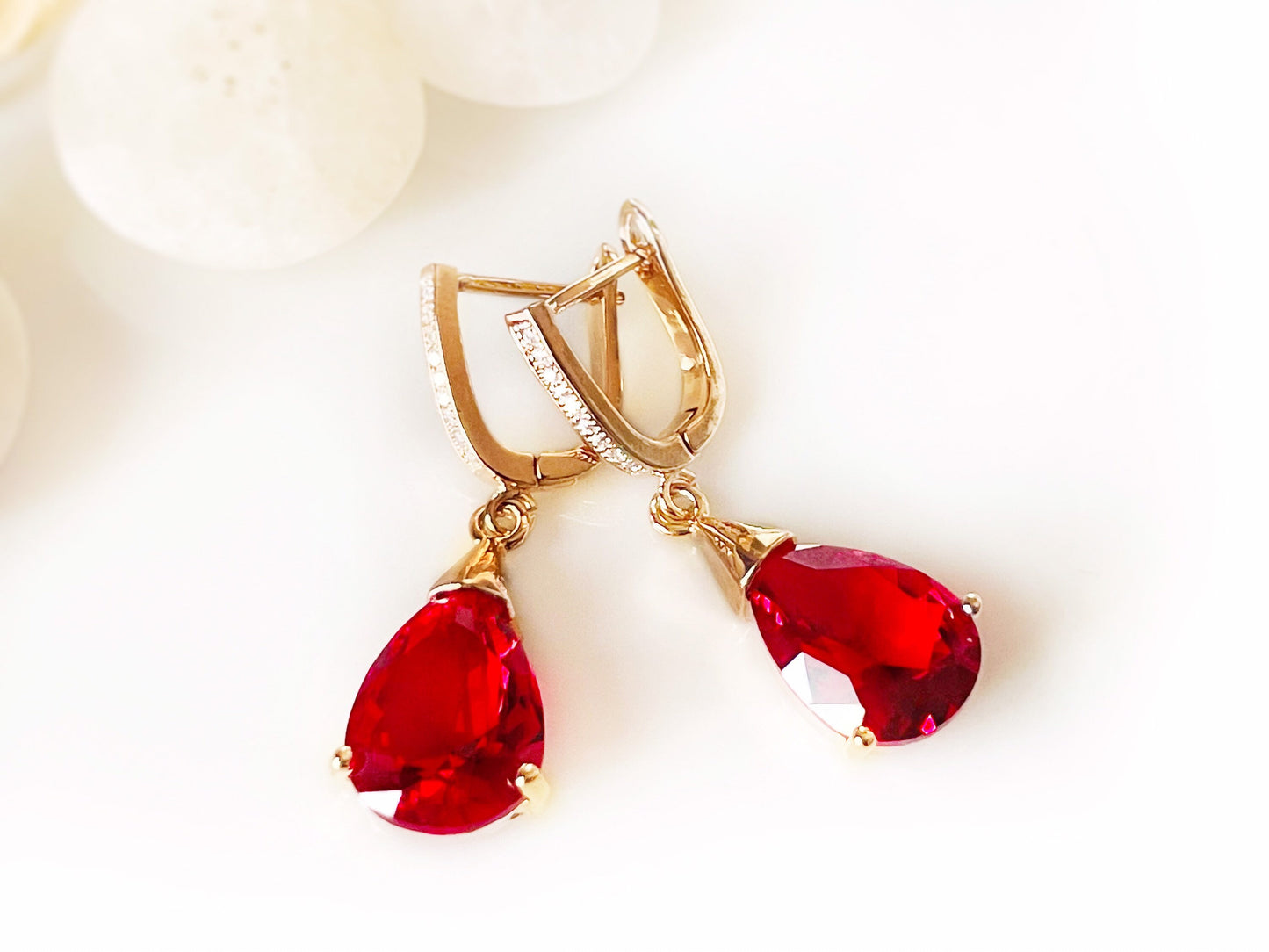 Teardrop ruby dangling earrings, red gemstone drop earrings, gift for her, gift for mom, red bridal earrings, July birthstone earrings