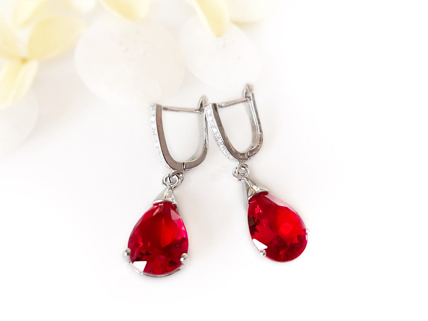 Teardrop ruby dangling earrings, red gemstone drop earrings, gift for her, gift for mom, red bridal earrings, July birthstone earrings