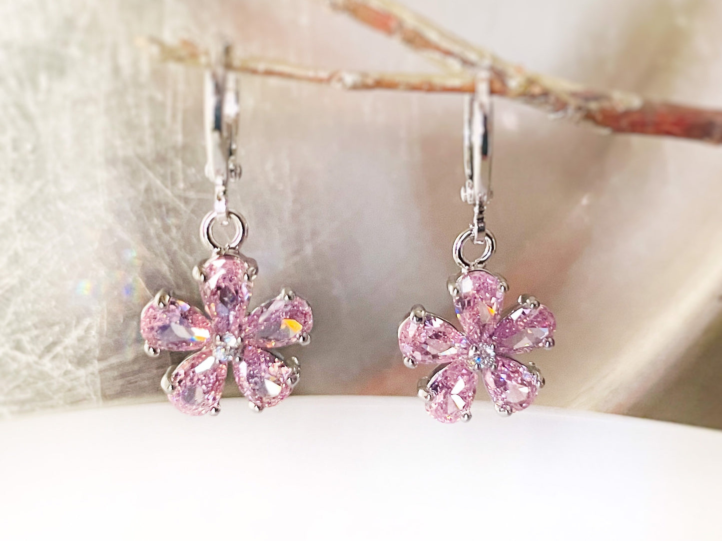 Pink sapphire flower dangle earrings, amethyst 2pc jewelry set, rainbow flower earrings, birthstone earrings, gift for her