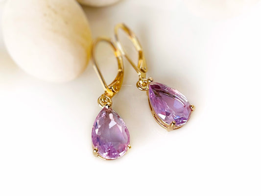 Teardrop lavender amethyst dangle earrings gold, light purple lilac gemstone drop earrings, gift for her, gift for mom, February birthstone